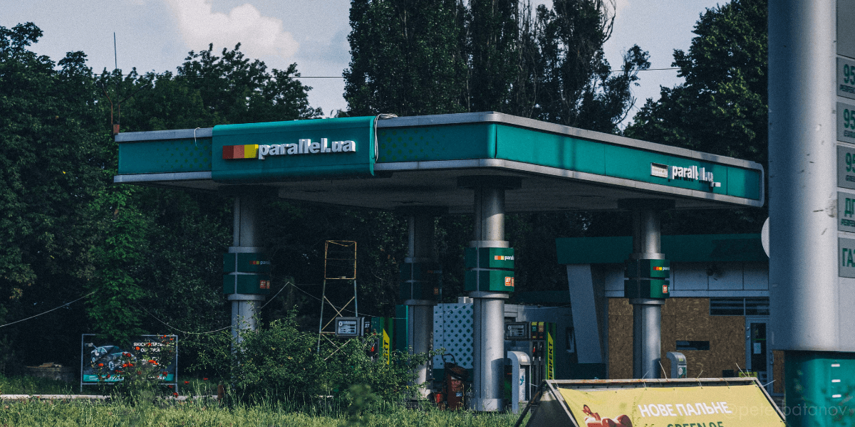 A boarded up gas station in Ukraine.