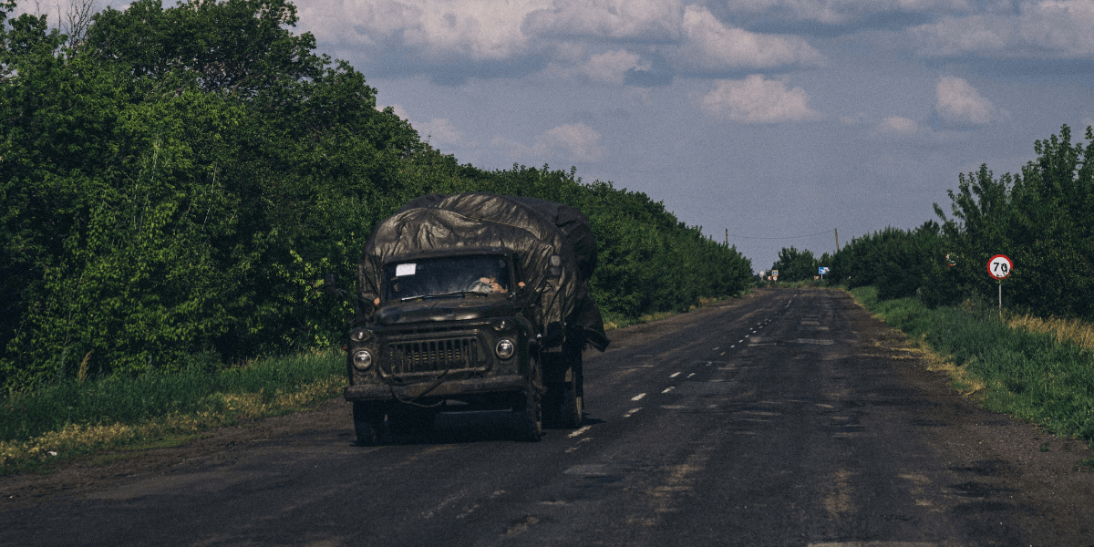 A military truck helping transport people to safety in Ukraine.