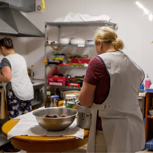 Svitlana prepares food in a church kitchen in Ukraine, cooking meals alongside another volunteer to support humanitarian outreach and provide warm meals for people in need.